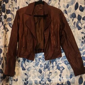 Jou Jou Women's Brown Faux Leather Jacket Size‎ Small Cropped  Moto Bikercore